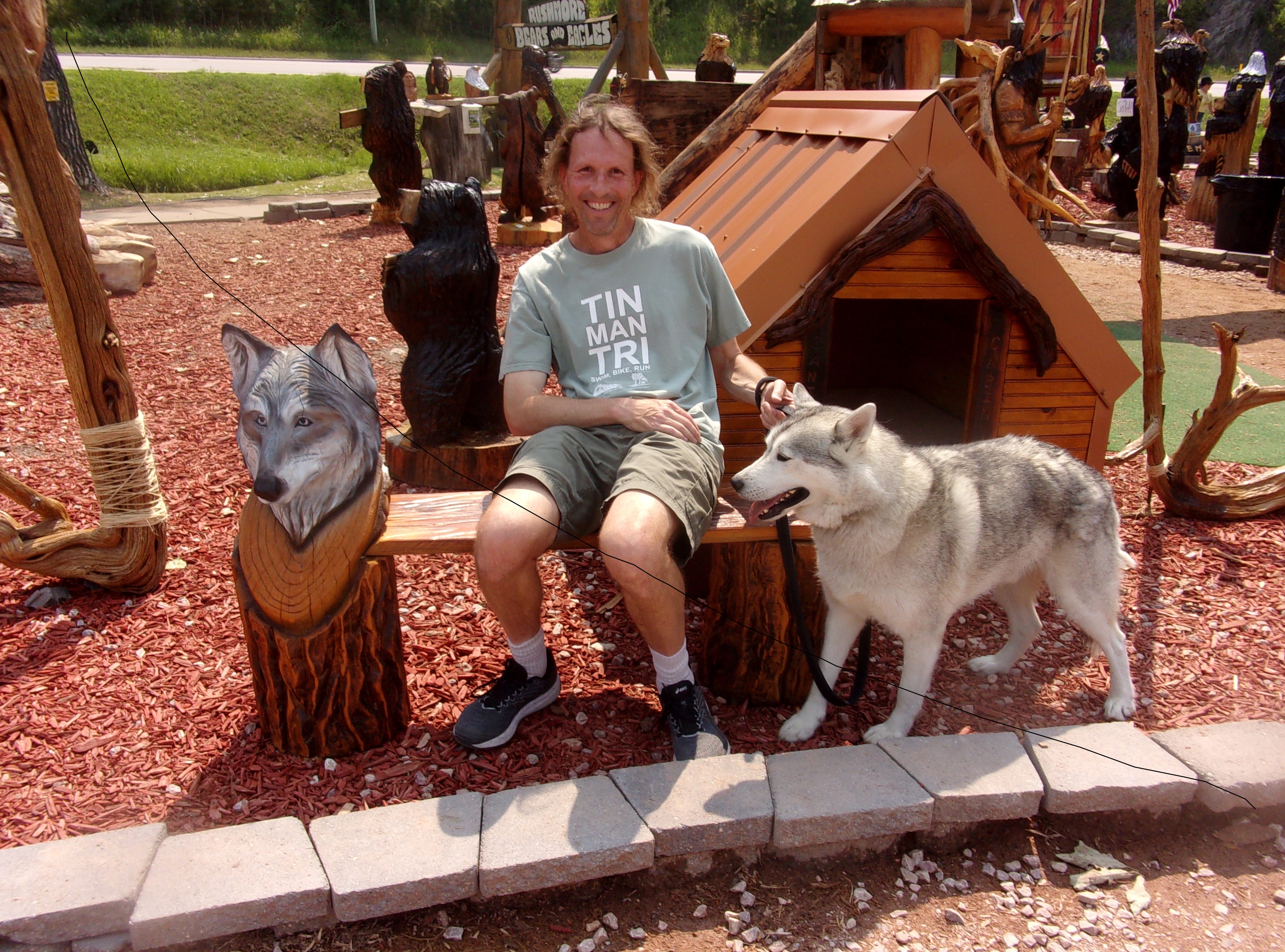 dahls chainsaw art - wolf vs husky bench
