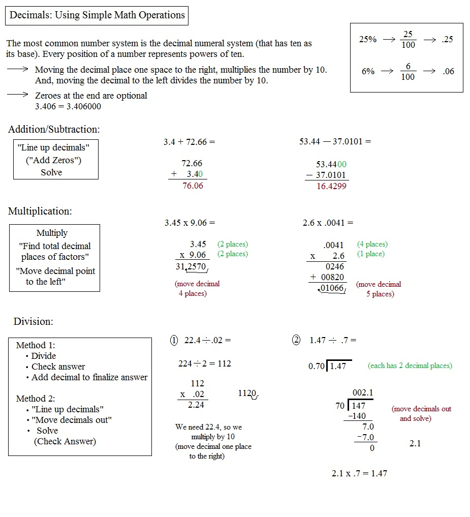 decimals and simple operations notes and examples