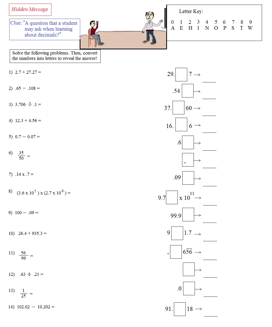 hidden message 2 decimal practice