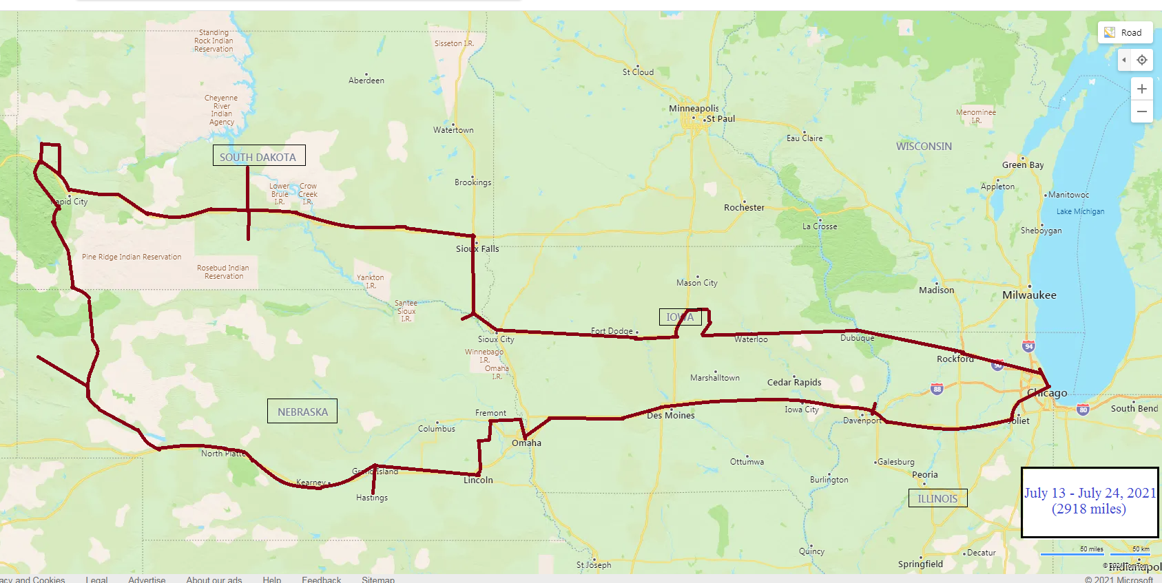 road trip map route 2 - heartland